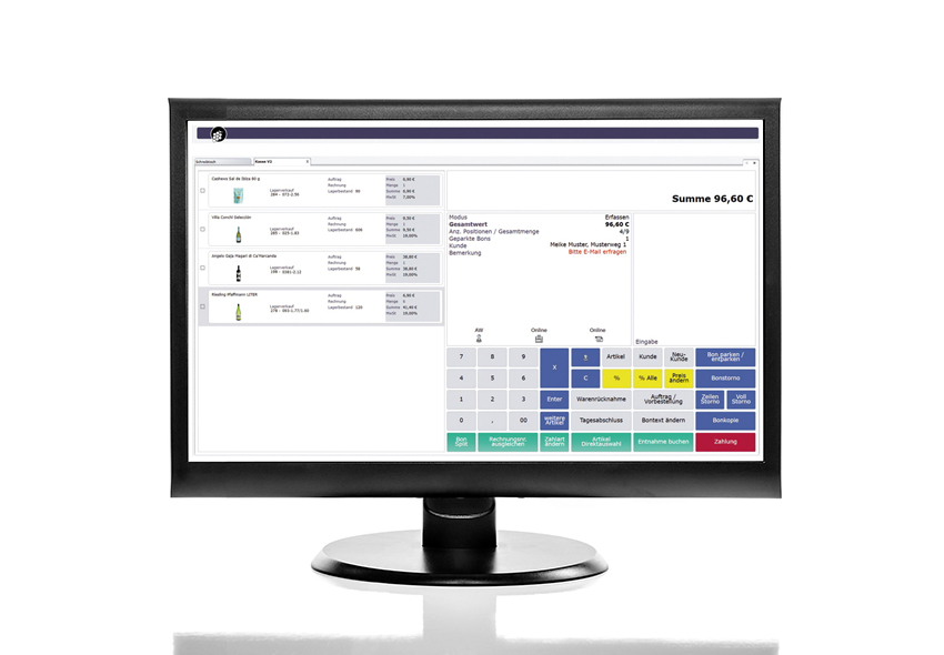 Kasse_euro-Sales POS hauptbildschirm mit Kunden und Artikeln_Ansicht Monitor